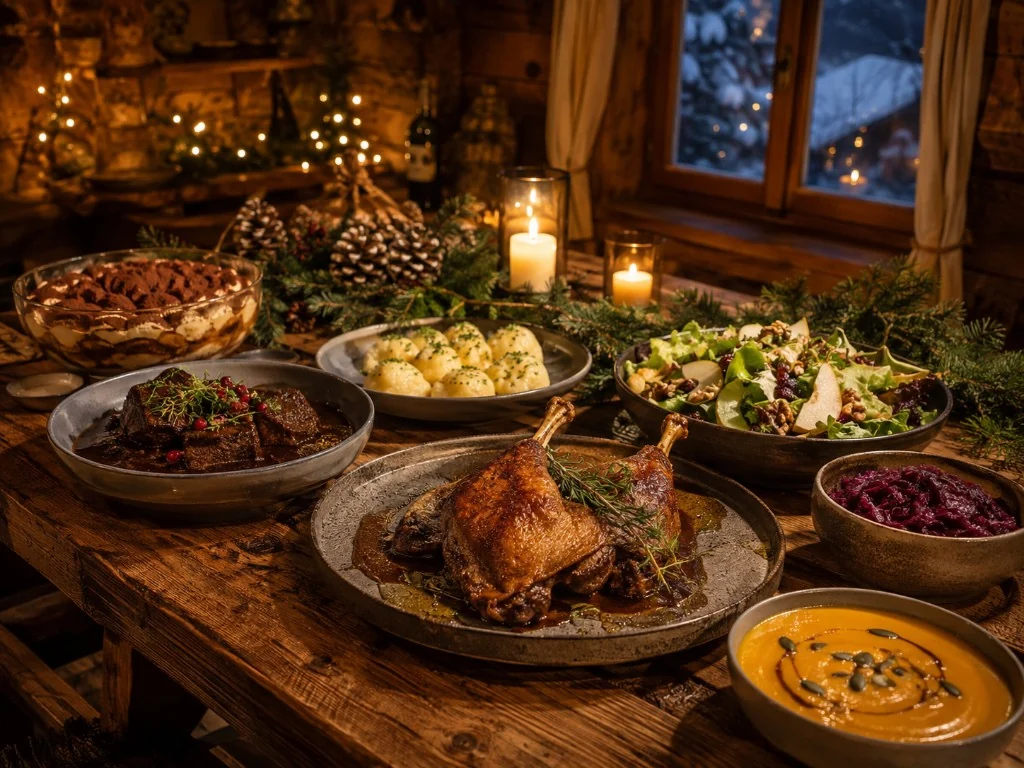 Winter-Buffet mit Entenkeule, Knödeln und Kürbissuppe